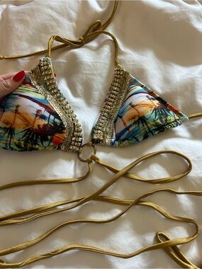 Multicolor Palm Print Triangle Bikini Top with Gold Trim